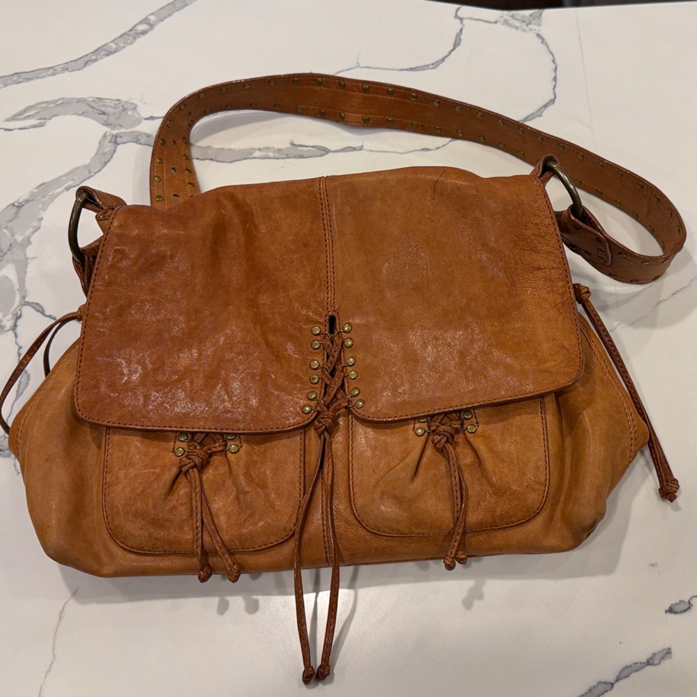 Kooba Cognac Leather Shoulder Bag with Stud & Drawstring Accents